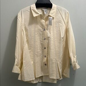 Multiples Cream Button-Front Pleated Long-Sleeve Top
